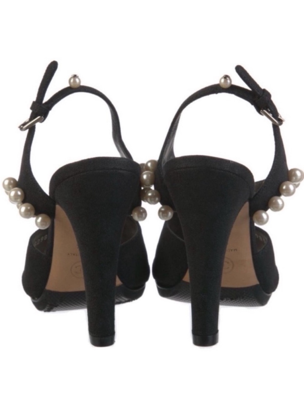 CHANEL Black Suede Faux Pearl Slingback Heeled CC 2014 Runway Sandals 37.5 - Picture 5 of 10